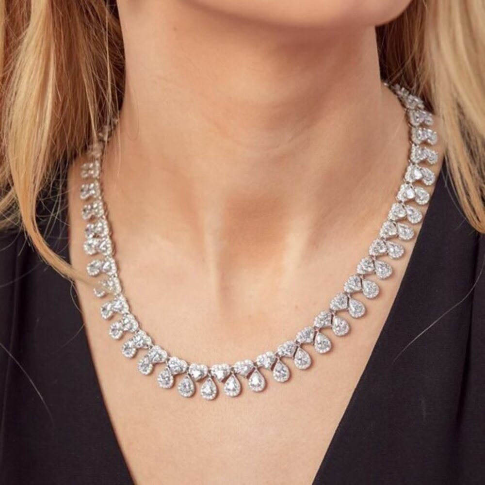 New Rhodium Plated Real 925 Sterling Silver Teardrop Heart CZ Tennis Necklace